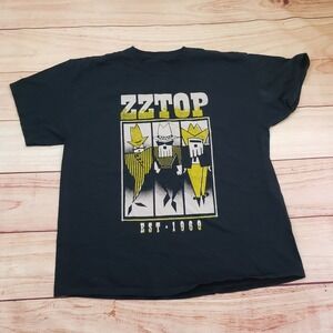 ZZ Top Band T Shirt Mens Large Black Yellow Outdoor 2019‎ Concert Band Tour